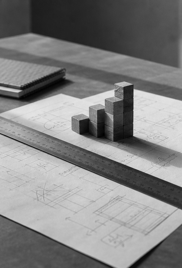 Black-and-white desk scene with a ruler, paper plans, and stacked measurement blocks.