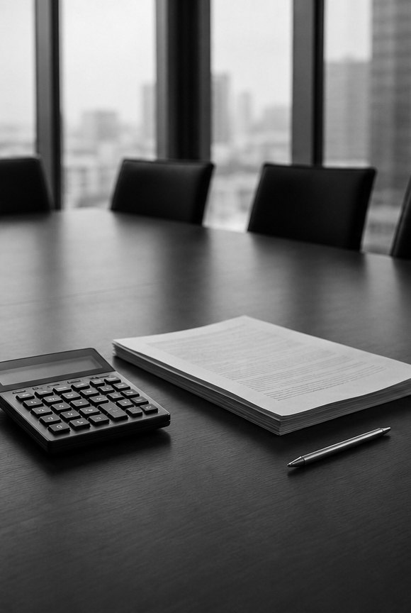 Black-and-white boardroom table with a calculator, documents, and a pen.