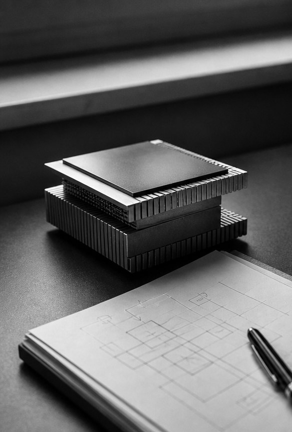 Black-and-white still life of stacked processor-like blocks on a research desk.